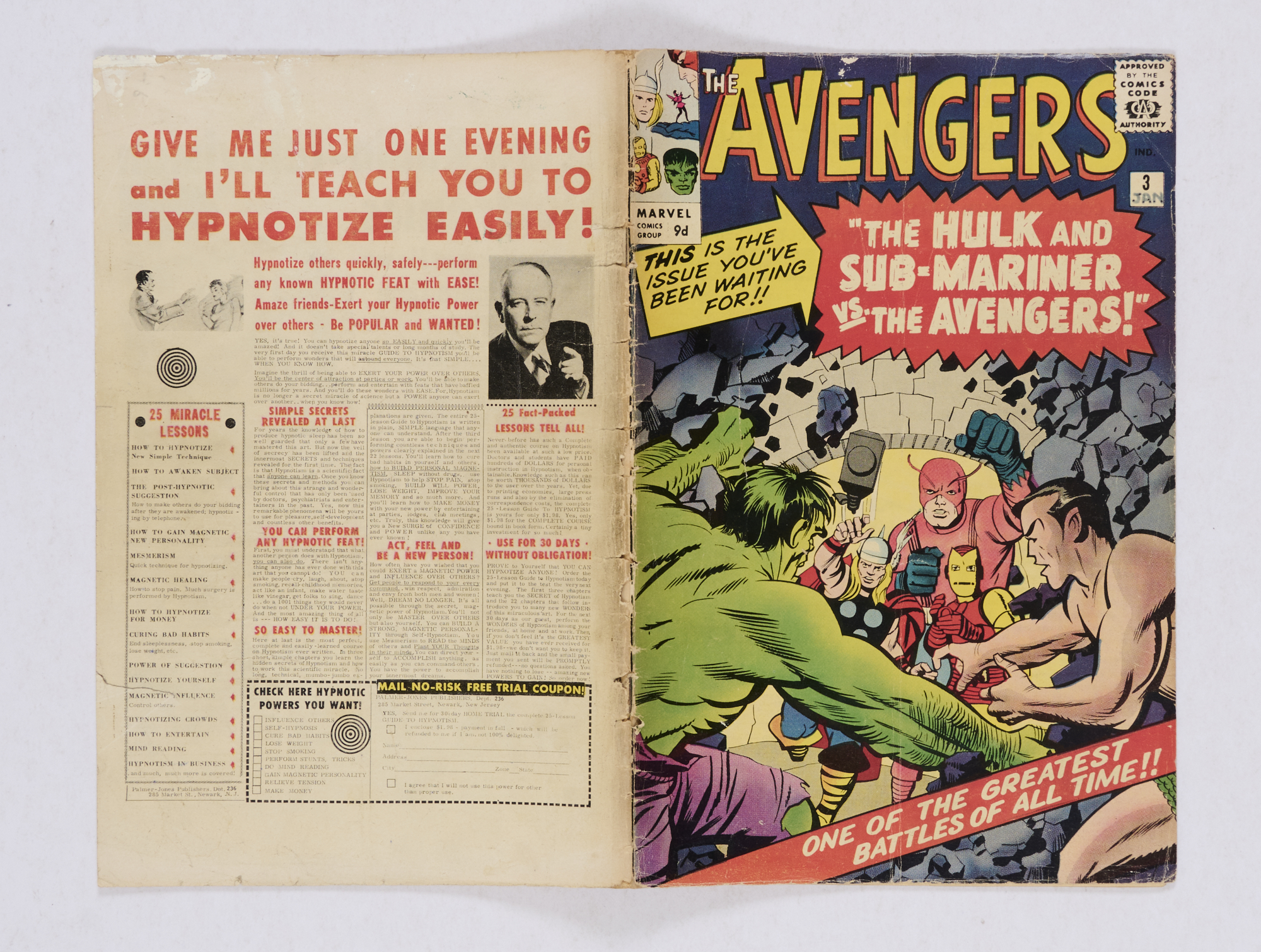 Avengers 3 (1964). Well-worn spine, light ink 'JAN' to issue number box, white-paint residue to - Image 2 of 6