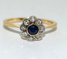 18ct gold ladies antique set Diamond and Sapphire Daisy cluster ring size O