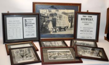 A collection of framed black and white photographs relating to the brewing industry c/w associated