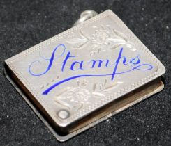 Edwardian Sterling Silver postage stamp box with enamel embellishment. Hallmarked for Birmingham