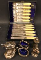 Collection of silver plated condiments some with Bristol Blue glass liners together with a boxed set