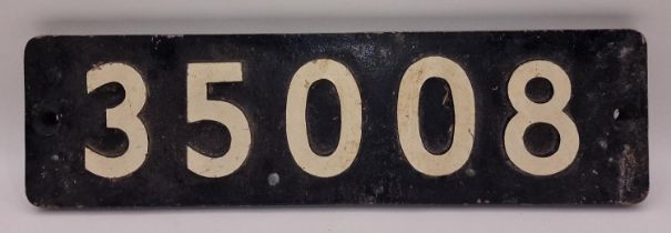 Vintage painted cast metal railway related number plate reads "35008" 55x16cm.