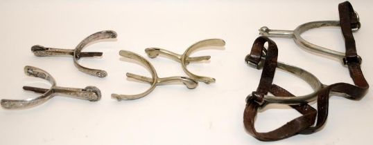 3 Pairs of spurs including a military cavalry pair dated 1914 and 1915 and carrying military broad