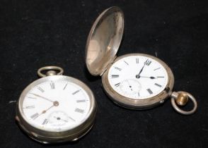 Two antique sterling silver pocket watches requiring attention, one open face and one full hunter.