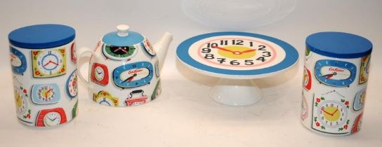 Cath Kidston 'Clocks' ceramic kitchenware, Teapot, Cake Stand and two lidded storage jars. Jars