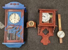 Collection of three clocks and a barometer to include painted wall clock.