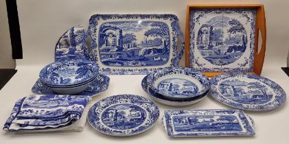 Collection of blue and white tableware to include Spode pieces, tablecloth etc.