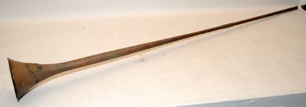 Royal Mail Coachman's brass horn with applied crest and impressed marks. 120cms long.