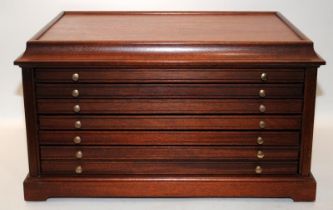 Quality solid oak of sarcophagus form coin collectors cabinet. 6 drawers in total, 5 of which are