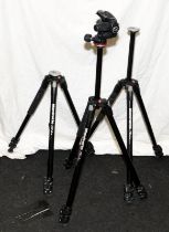 3 x Manfrotto 290 Xtra three section portable tripods, one with fitted MH804-3W 3-way pan/tilt head