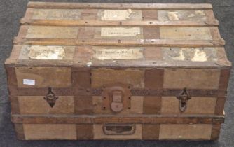 Metal framed travel trunk covered in sacking with a wooden frame has a fitted inner shelf 36x76x46cm