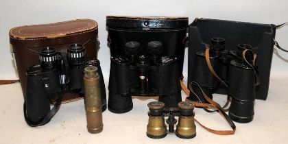 Four pairs of vintage binoculars and a 4 drawer brass telescope