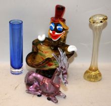 4 pieces Italian art glass including Murano clown dish and a stag. Stag is 17cms across