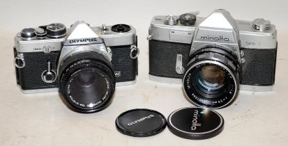 2 x Vintage 35mm SLR film cameras, an Olympus OM2n and a Minolta SR1