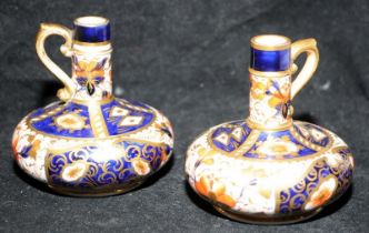 Pair of Davenport Longport miniature squat Imari pattern vases. 7cms tall