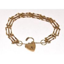 9ct gold 3 bar gate bracelet with lock and safety chain 19cm long , 9.5g