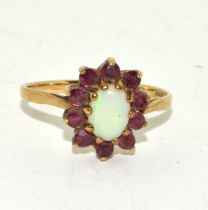 9ct gold ladies Opal and Ruby cluster ring size O