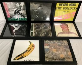 SELECTION OF 8 X ALBUM COVER FRAMES. Depicting here - The Stone Roses - David Bowie - Sex