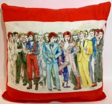 DAVID BOWIE CUSHION. This cushion features many pics of Bowie’s fashion style and has a little age