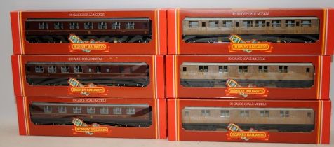 Hornby OO gauge carriages. 2 x R474 and R475 Crimson Lake and R477 and 2 x R479 Teak Finish. 6 in