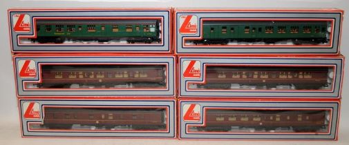 Lima OO gauge carriages, 4 in BR Maroon livery plus two others. 6 in lot, all boxed.