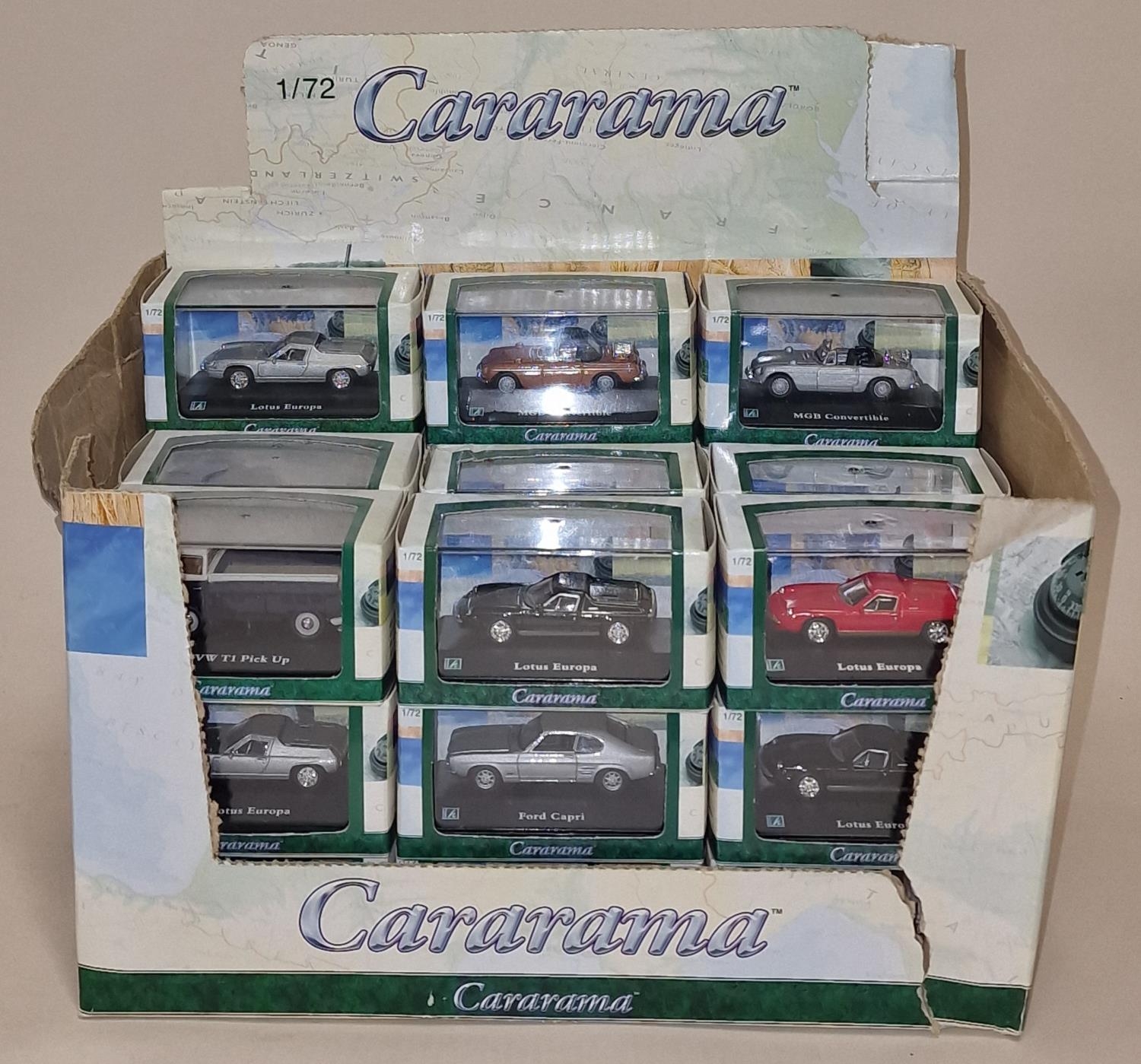 Cararama retail box of 1:72 scale die cast vehicles. Various makes and models. 30 in box.