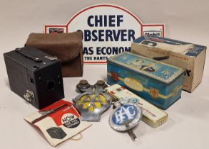 Miscellaneous items to include vintage box brownie camera, vintage car badges and other items.