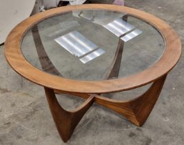 G Plan Astro vintage teak coffee table with glass top 48cm tall 84cm diameter.