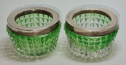 Victorian Robert Pringle silver green glass hallmarked salt cellars.