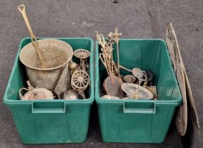 Two large crates of brass/copper and metalware items to include ornaments and a pair of large wall