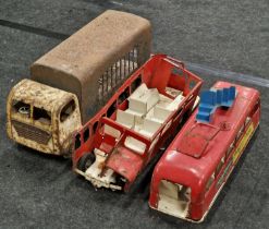Large scale vintage tinplate vehicles to include London Transport bus. Both are in poor condition