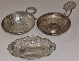 Silver hallmarked pin dish together with two silver hallmarked wine tasting cups 123g total