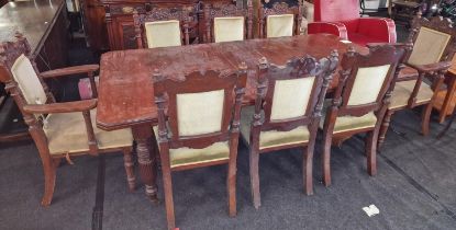 Mahogany extending dining table on turned fluted supports with 2 leaves together 8 art nouveau