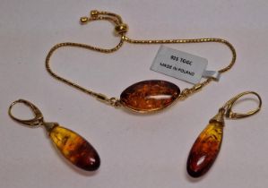 Amber silver gilt earrings and bracelet set
