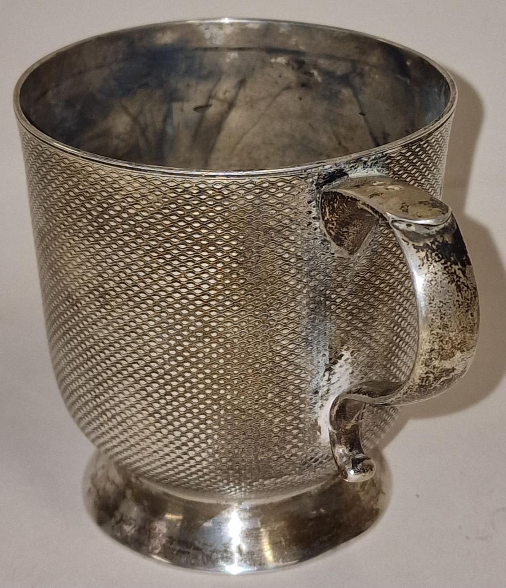 Victorian silver hallmarked engine turned Christening cup Birmingham 1873, etched to front reads " - Image 2 of 4