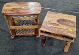 Contemporary Mexican pine magazine rack together with a small occasional table (2).