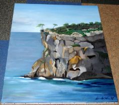 Large Oil on Canvas of a rocky coastal scene signed Lisa Adlatts (?) '07. 92cms x 73cms