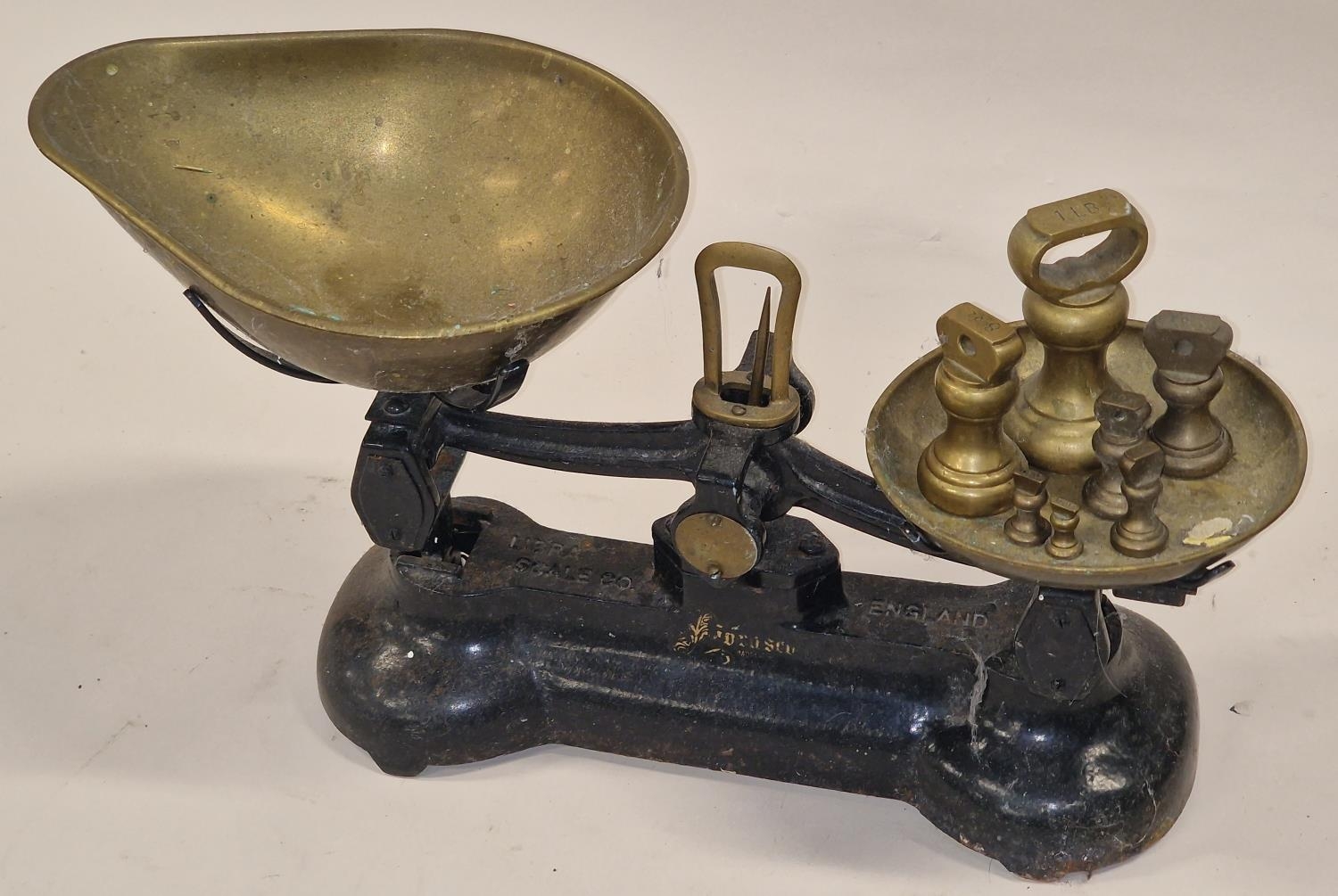 Vintage cast metal set of sweet shop weighing scales to include brass weights. - Image 2 of 2