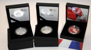 3 x Royal Mint 1oz Silver proof Britannia coins. All in presentation boxes with certificates