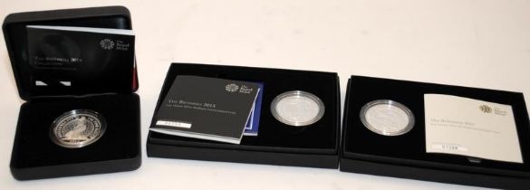 3 x Royal Mint 1oz fine silver Britannia coins. 2014, 2015 and 2017. All boxed with certificates.