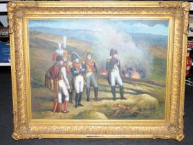 Large oil on canvas study of Napoleon in the field in conference with his generals. Appears