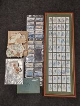 Collection of cigarette cards and stamps to include a framed set of indians cards.
