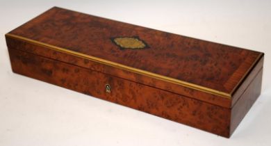 Antique French Walnut Veneer glove box with brass banding and inlaid brass cartouche. 29cms across