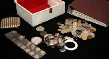 A jewellery box containing a collection of coins and curios including silver c/w a folder of world