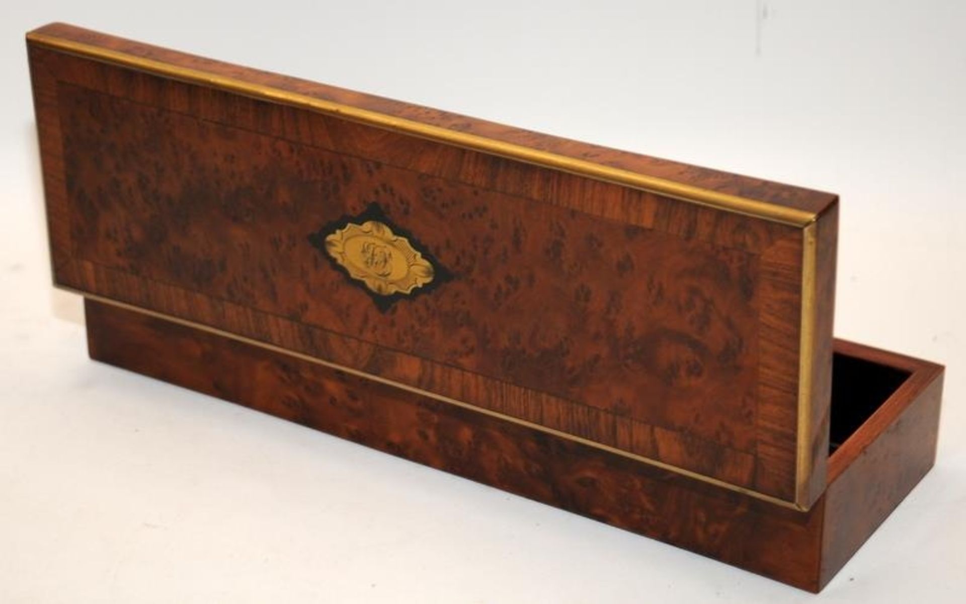 Antique French Walnut Veneer glove box with brass banding and inlaid brass cartouche. 29cms across - Image 3 of 4