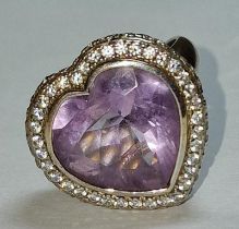 A very large amethyst and brilliant cut CZ heart ring Size N