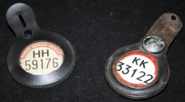 Two vintage Public Service Vehicle Driver license badges, South Western Region. Both in leather