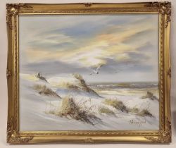 Gilt framed contemporary oil on canvas painting of a beach scene signed "Remington" 69x59cm.