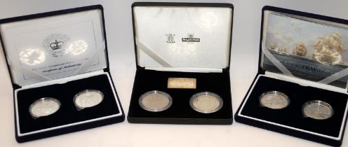 3 x Royal Mint silver crown coin sets. 2002/2003 silver proof crowns, 1953 and 2003 crowns c/w a