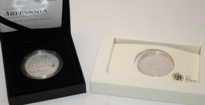 2 x Royal Mint 1oz Britannia fine silver coins, 2010 BU and 2011 proof. Both boxed with cetificates